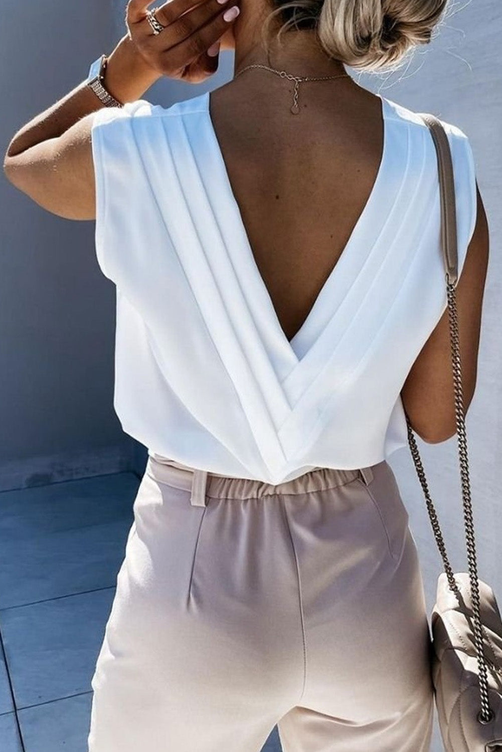 White V Neck Pleated Backless Cap Sleeve Top