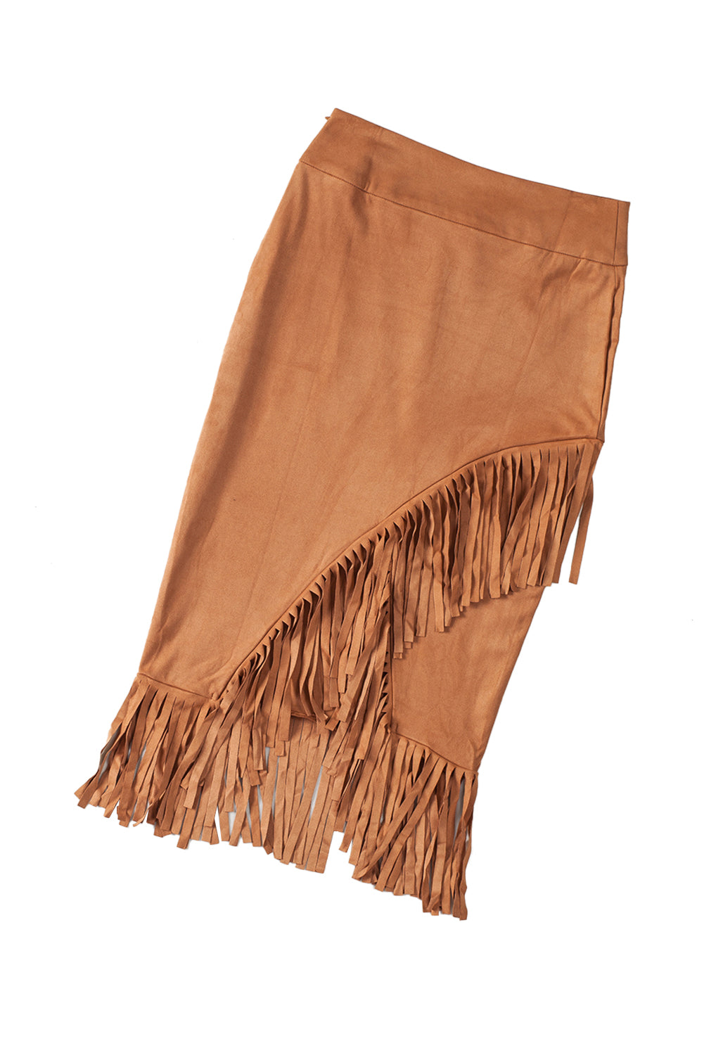 Brown Fringe Asymmetric Wrap Suede Midi Skirt