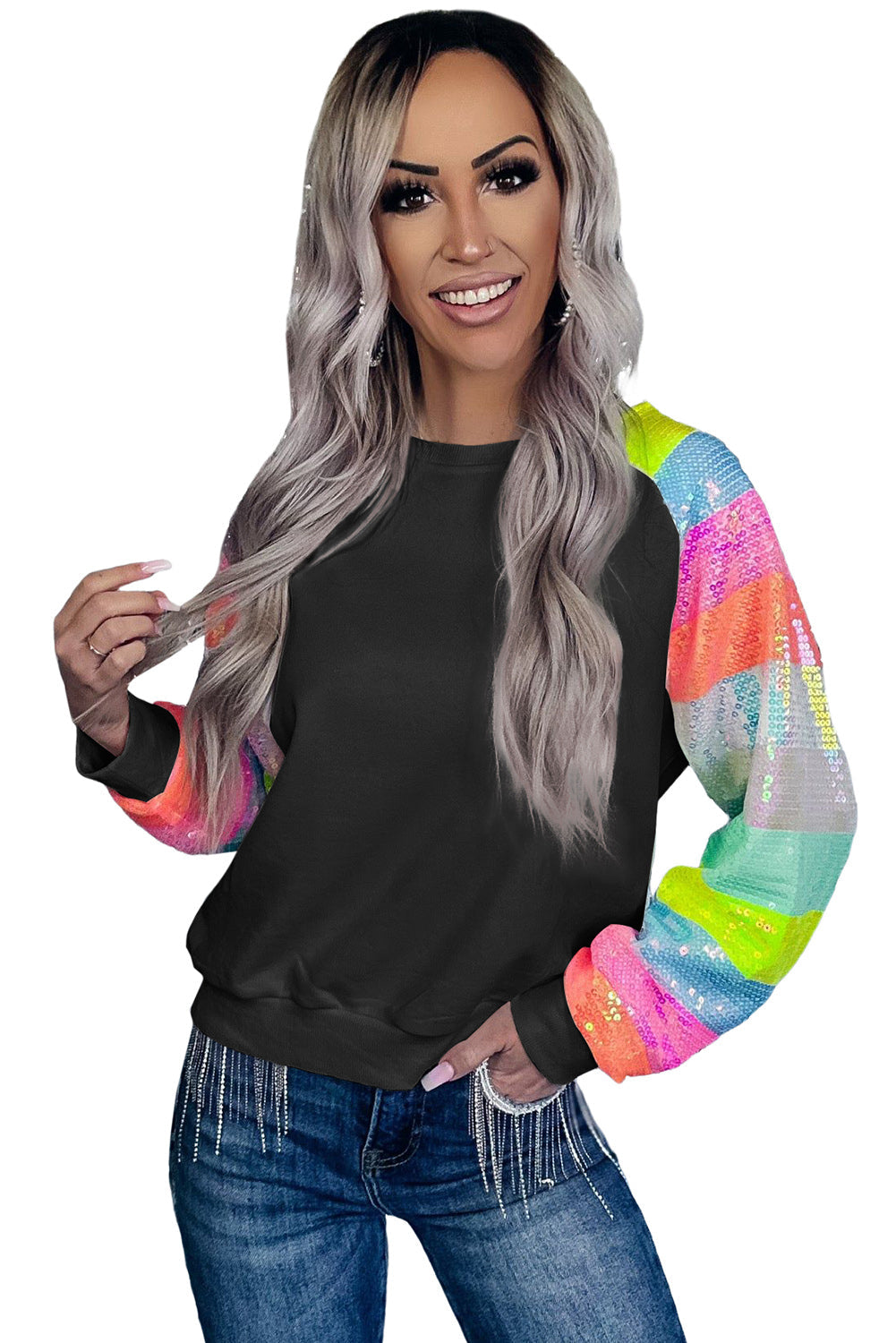 White Sequin Color Block Raglan Sleeve Pullover Sweatshirt