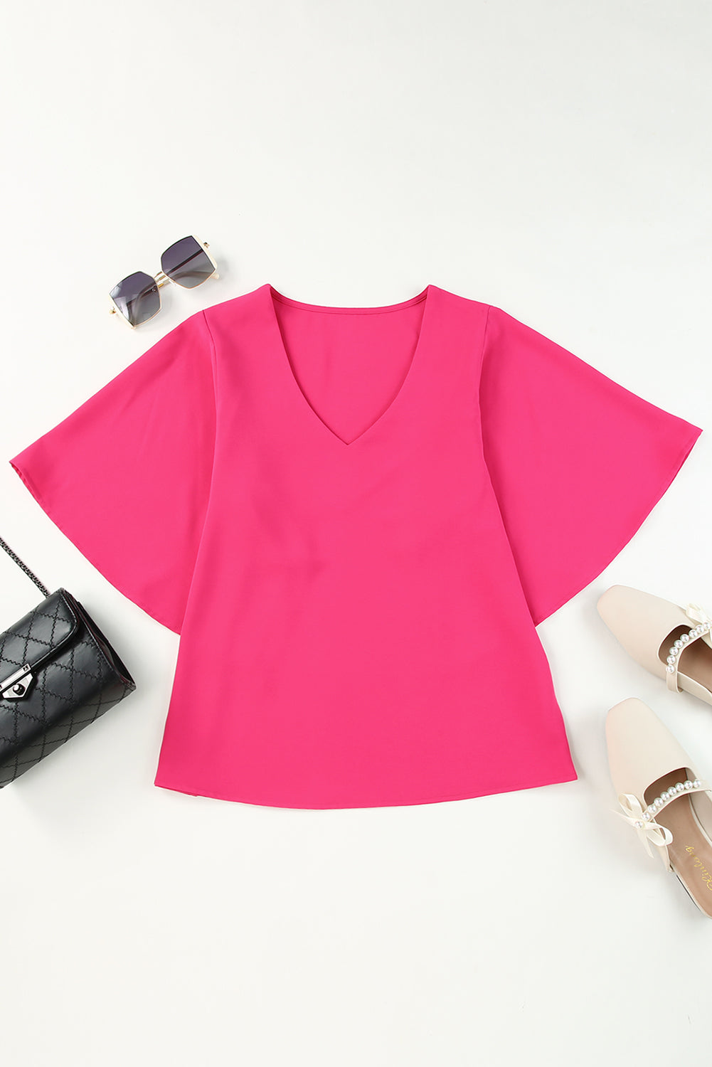 Rose Plain Flounce Bell Sleeve V Neck Blouse