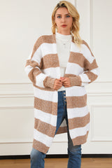 Khaki Striped Colorblock Rib Knit Bubble Sleeve Midi Cardigan
