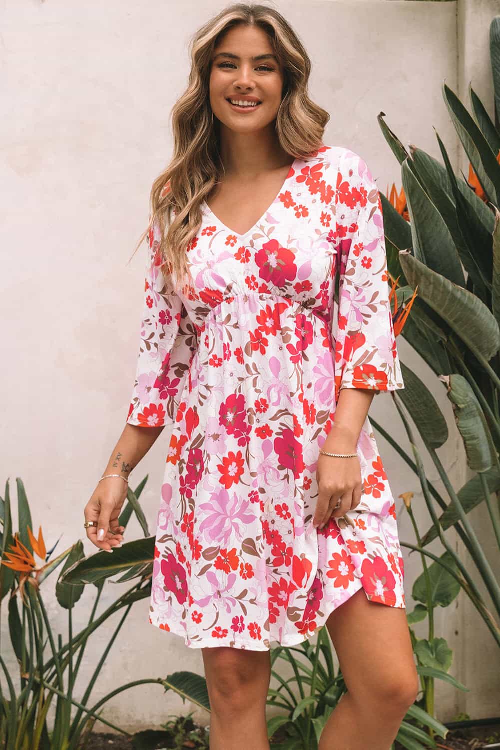 White V Neck 3/4 Sleeve Floral Dress