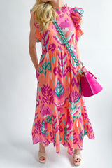 Multicolor Abstract Floral Print Frill Neck Ruffle Maxi Dress