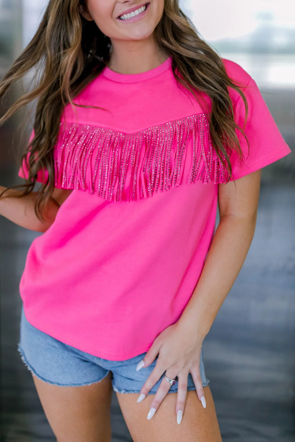 Rose Rhinestone Fringed Short Sleeve T-shirt