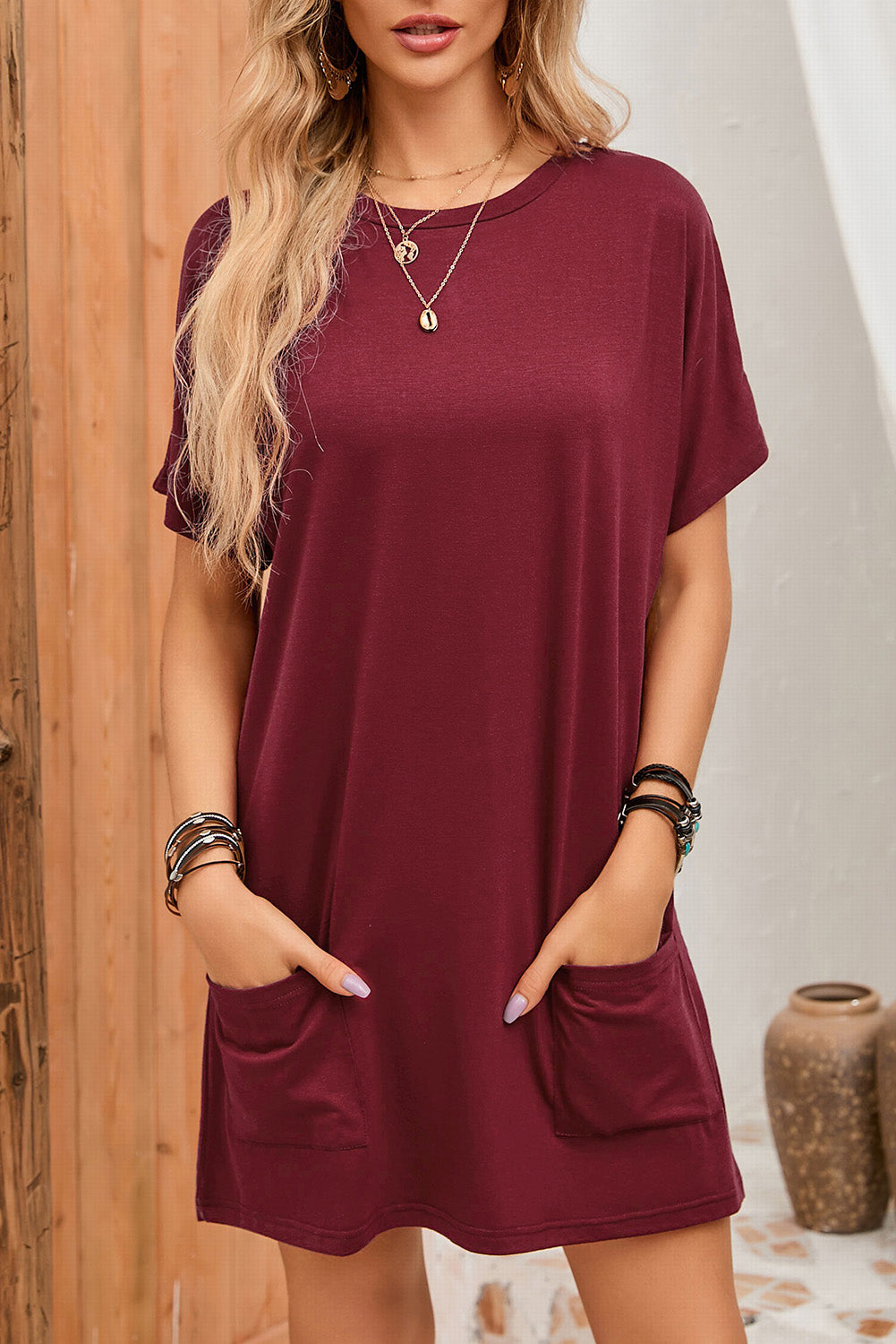 Black Side Pockets Short Sleeve Tunic Top