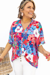 Sky Blue V Neck Dolman Sleeve Plus Size Floral Blouse