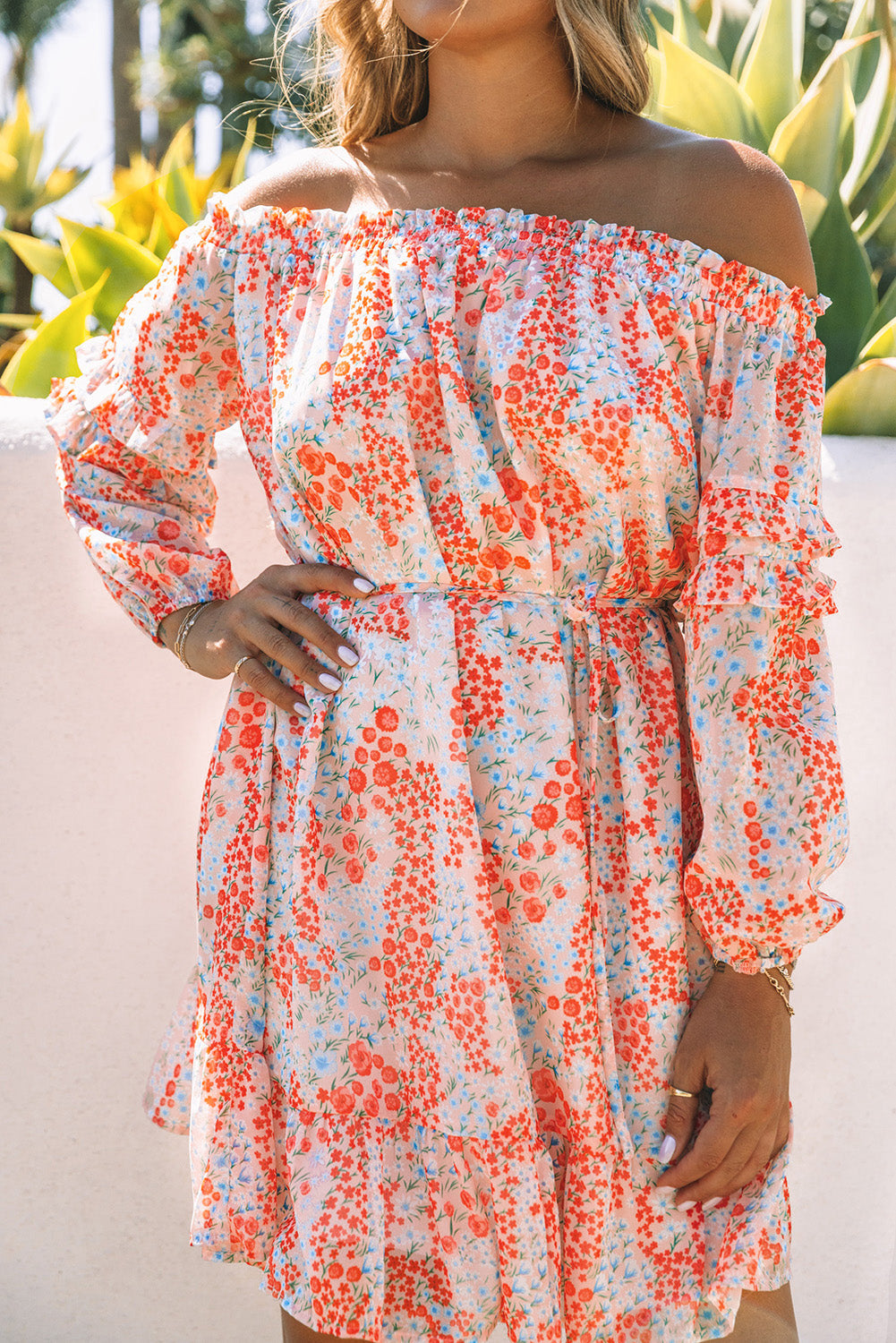 Red Floral Off The Shoulder Print Ruffled Dress with Tie