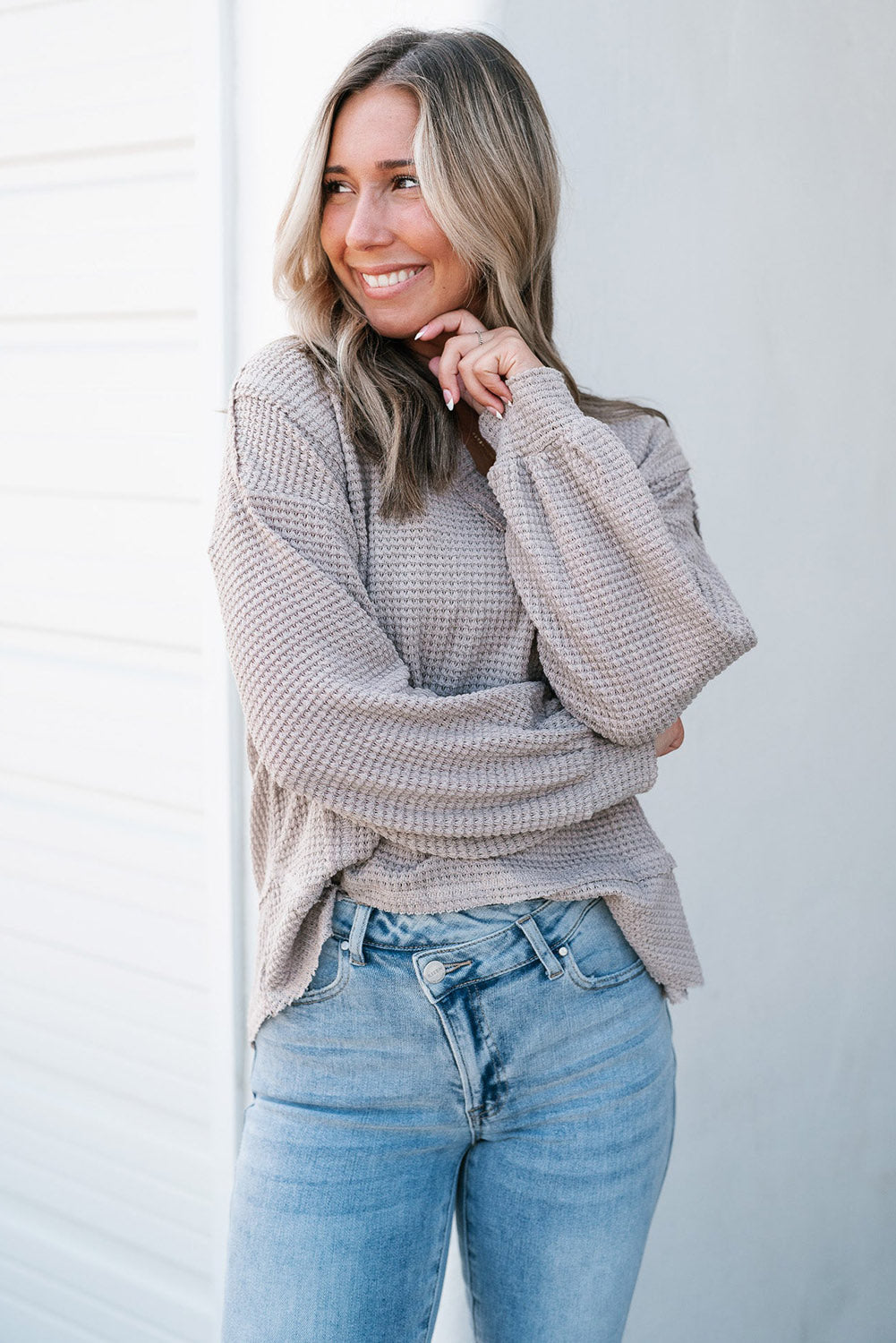 Light Grey Raw Edge Detail Waffle Knit V Neck Top