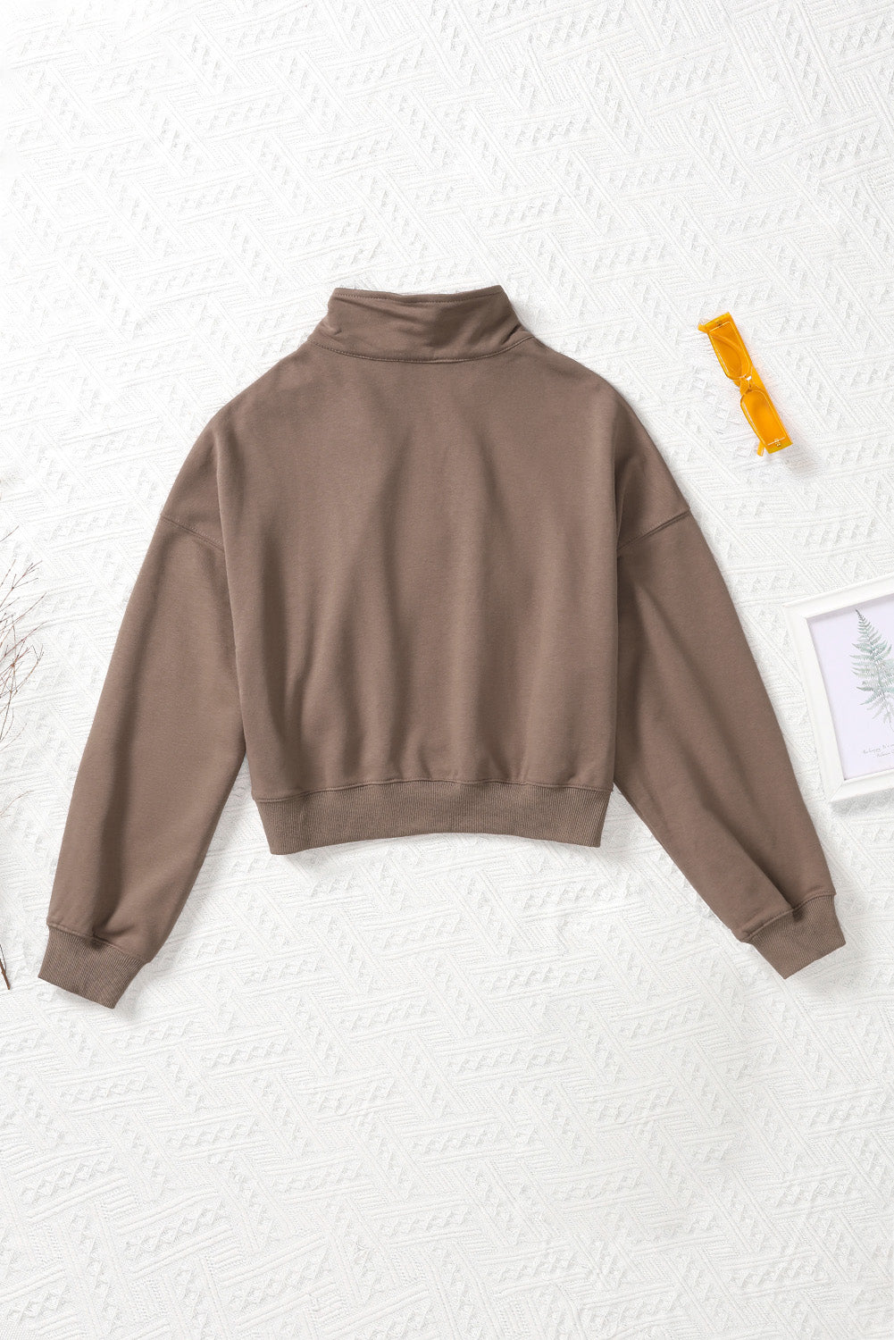Brown Zipped Turn Down Collar Cropped Sweatshirt with Pocket