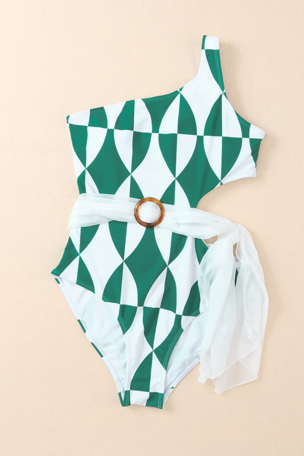 Green Sexy Asymmetrical Neck Geometrical Print Cut Out One Piece Swimwear