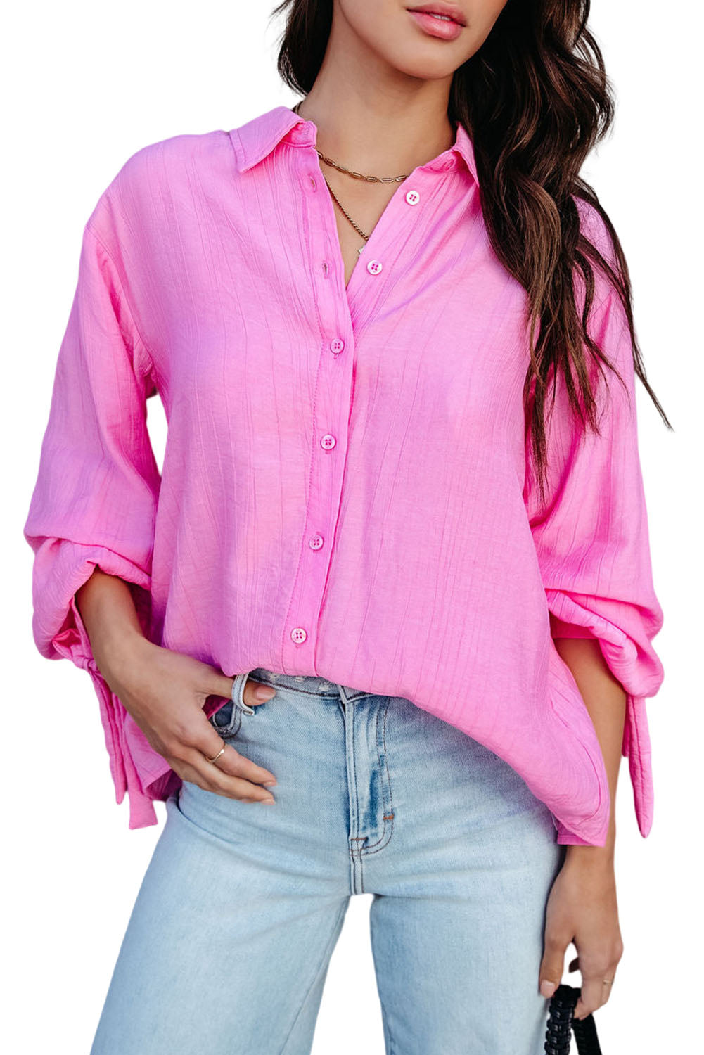 Pink Split Back Tie Knot Buttoned Long Sleeve Shirt