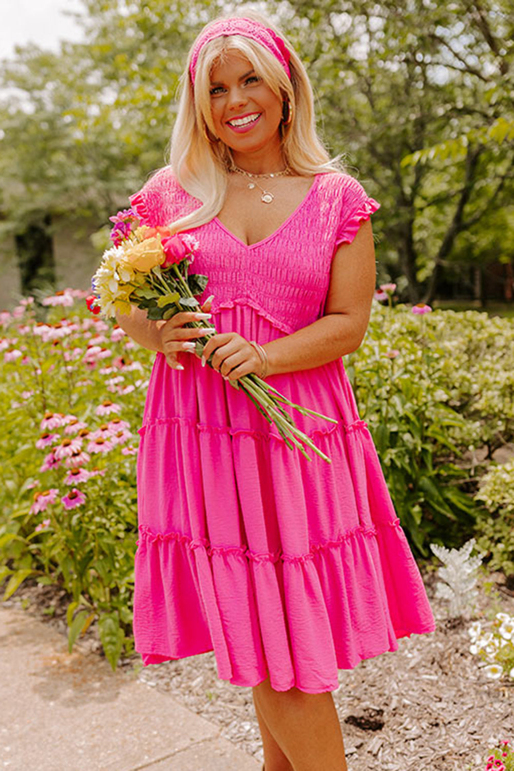 Pink Plus Size Solid Frill Tiered V Neck Smocked Dress