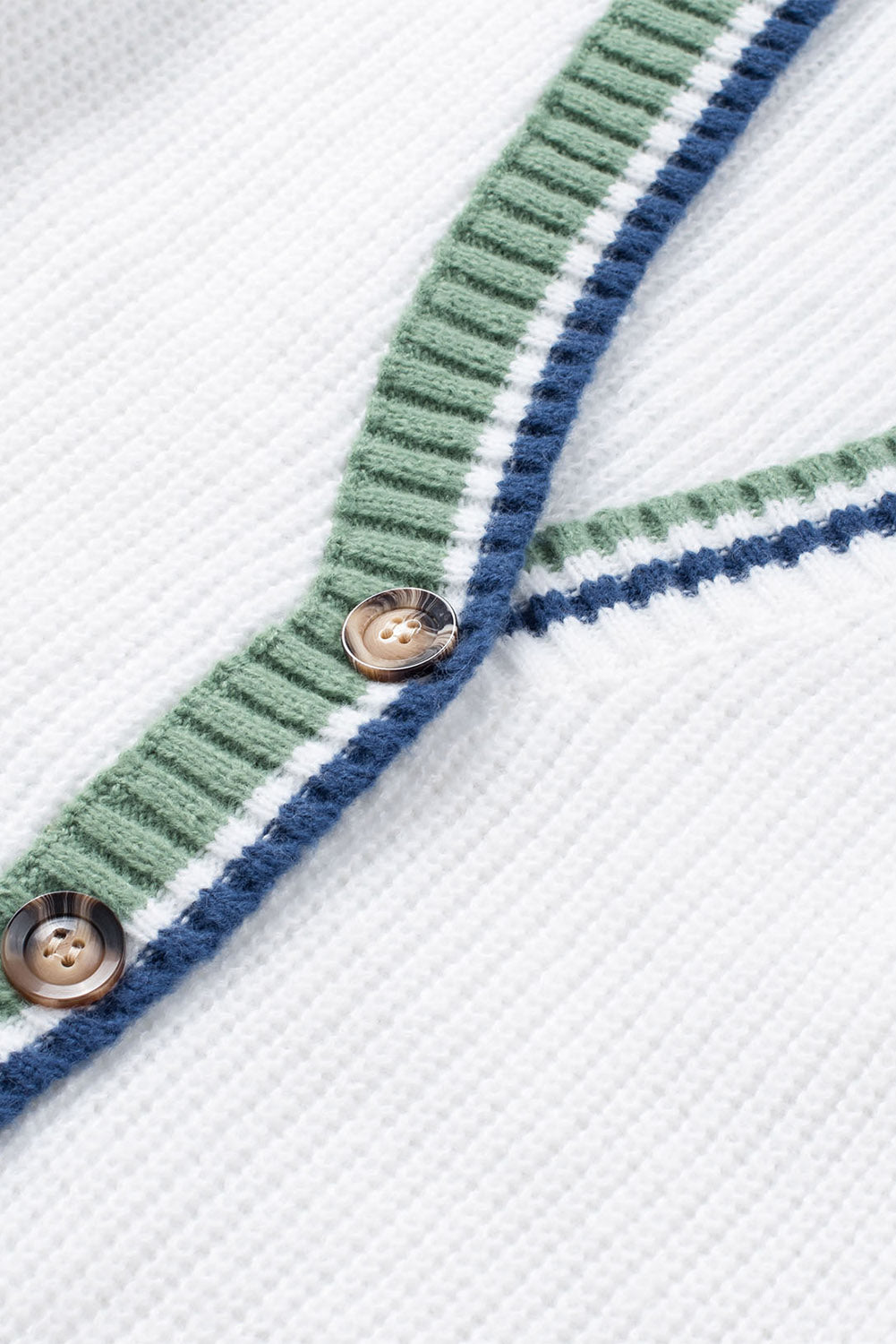 White Striped Buttoned Pocketed Drop Shoulder Sweater