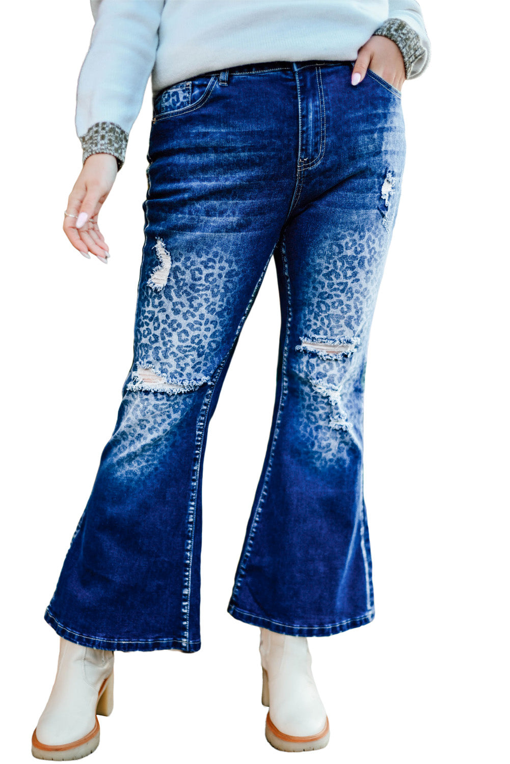 Blue Secluded Leopard Wash Plus Size Jeans