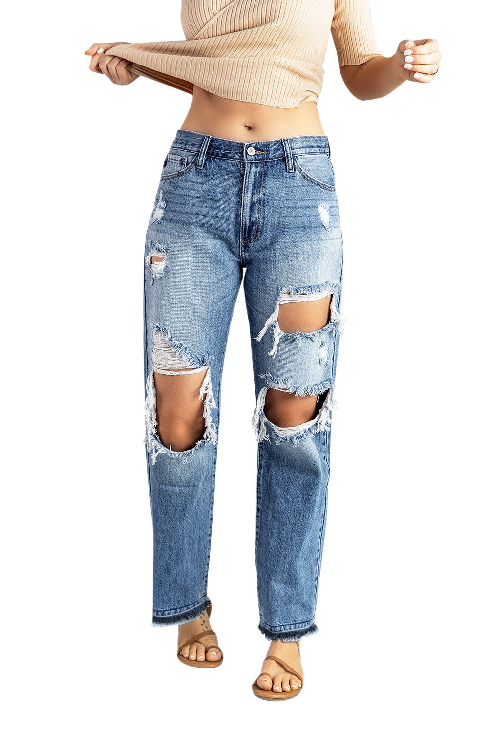 Sky Blue Distressed Holes Hollow-out Boyfriend Jeans