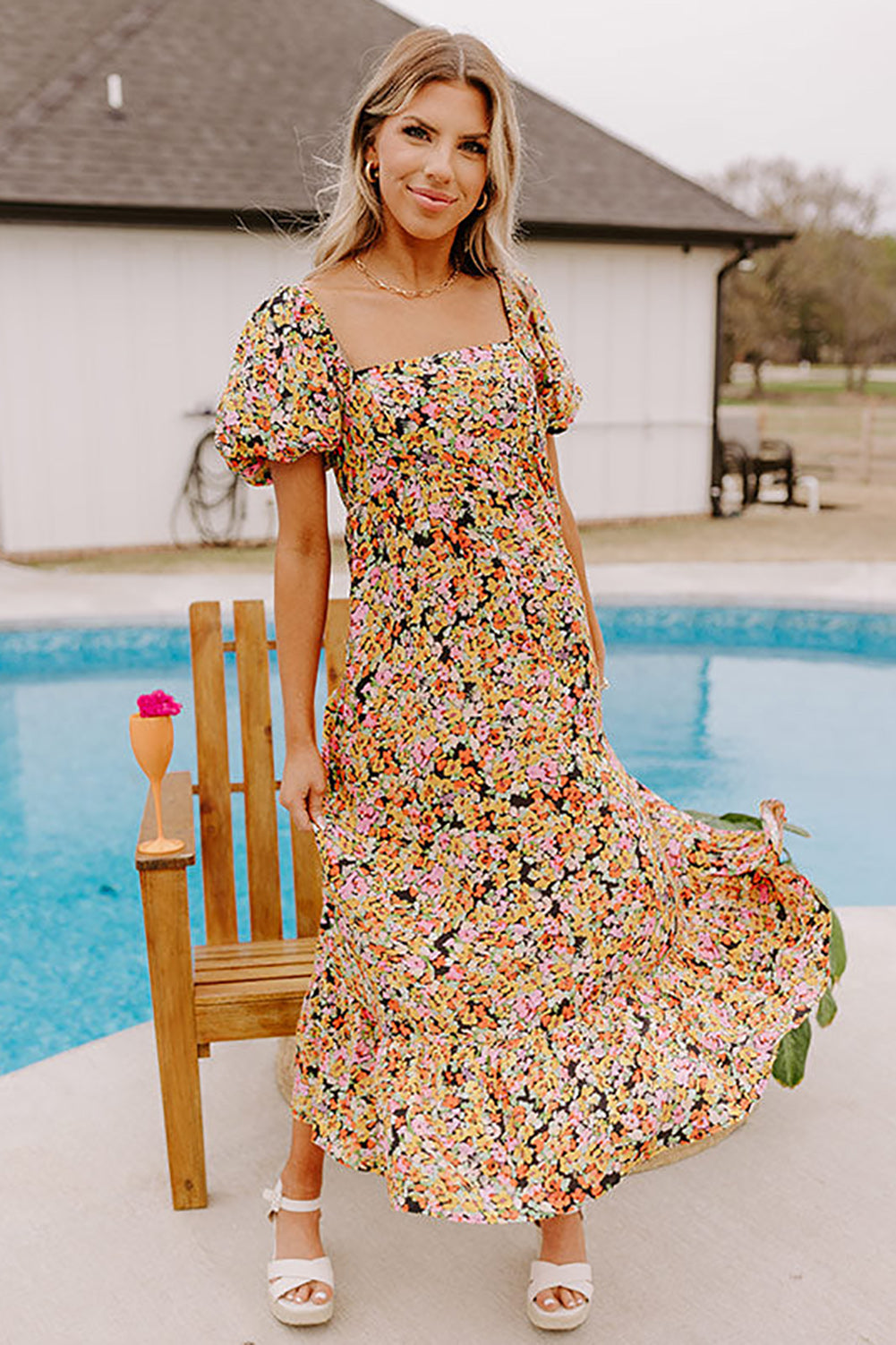 Yellow Puff Sleeve Square Neck Open Back Floral Midi Dress