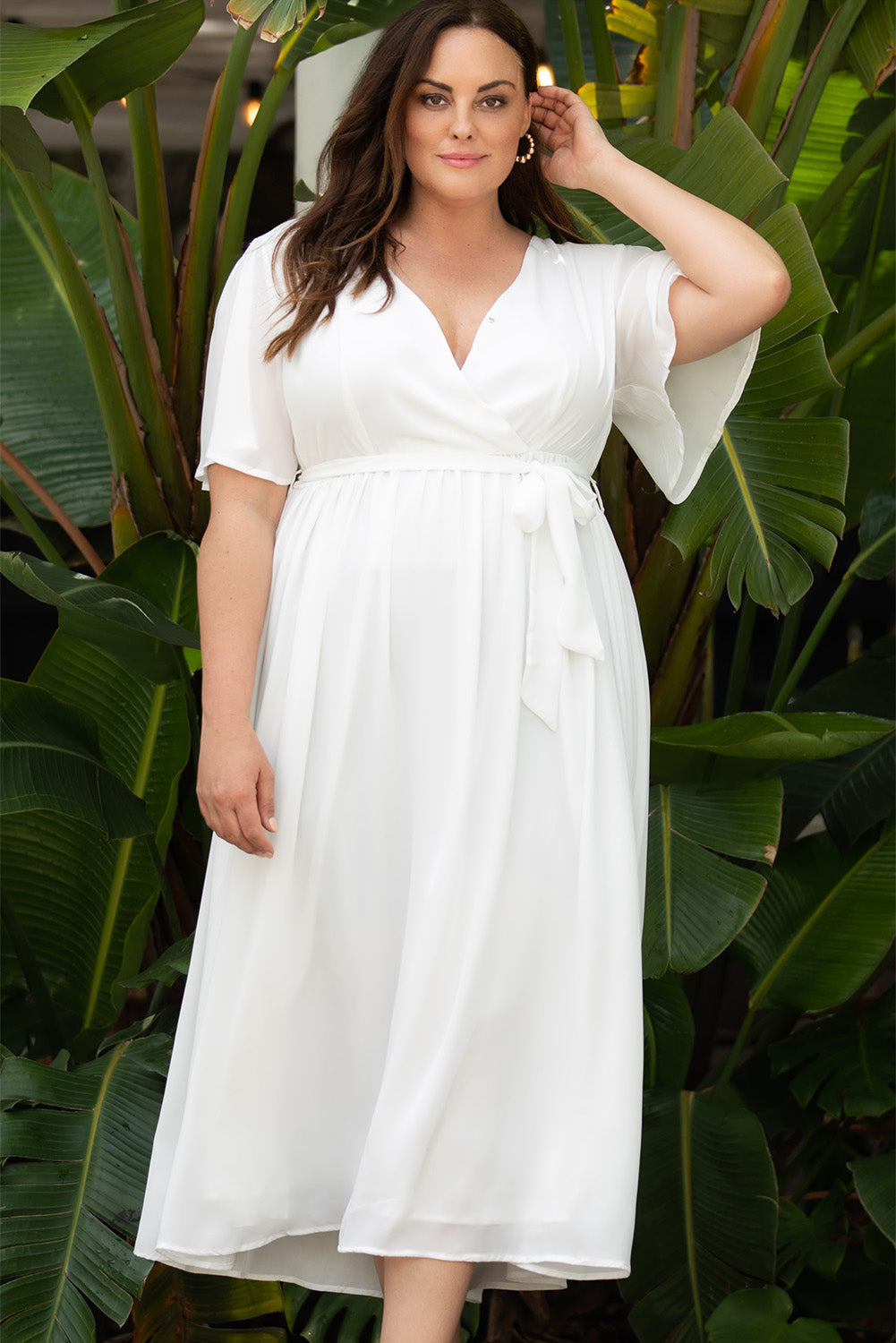 White Wrap V Neck Belted Plus Size Flowy Maxi Dress