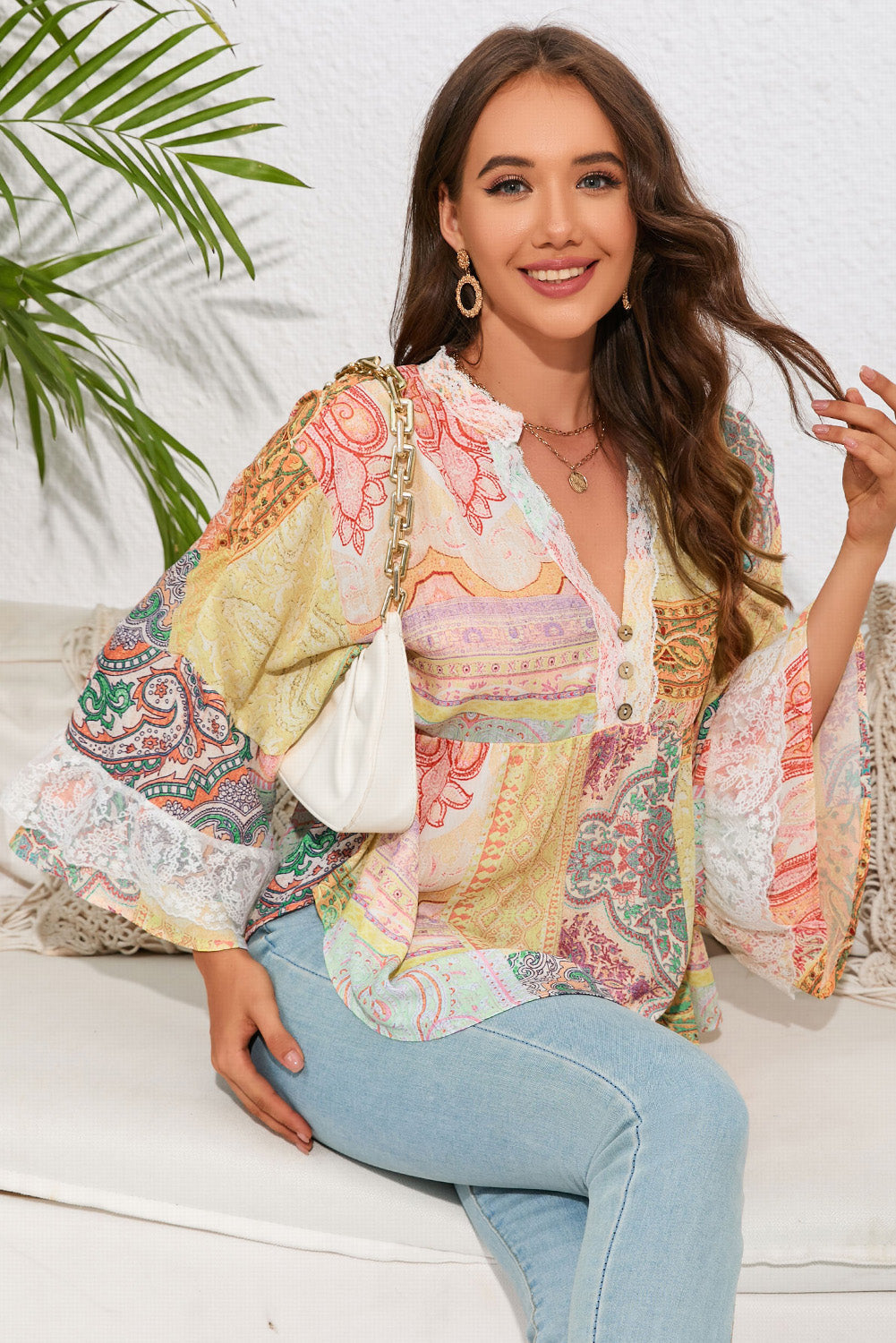 Multicolor Paisley Print Bell Sleeve Lace V-Neck Button Sheer Blouse