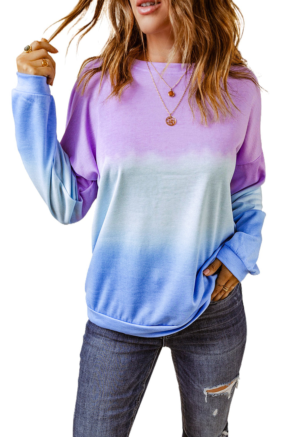 Blue Color Block Tie Dye Pullover Sweatshirt