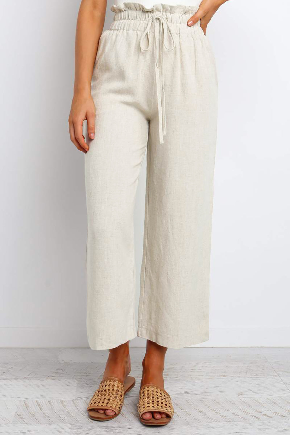 Khaki Paperbag Waist Straight Leg Cropped Pants