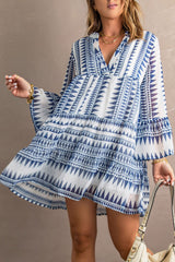 Blue Geometric Print V neck Flare Half Sleeve Ruffle Swing Mini Dress