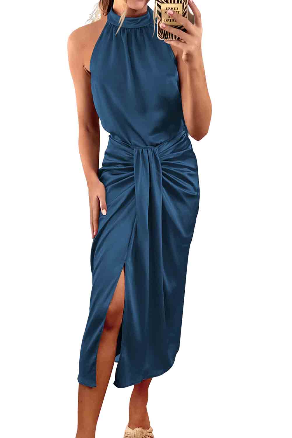 Blue Satin Ruched Sleeveless Side Slit Midi Dress