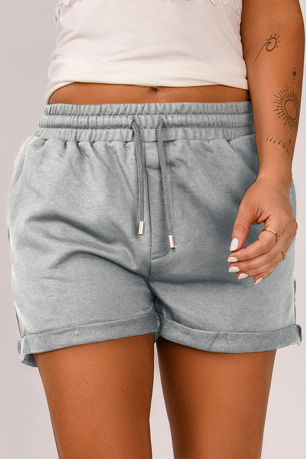 Green Tie Waist Side Pockets Cuffed Lounge Shorts