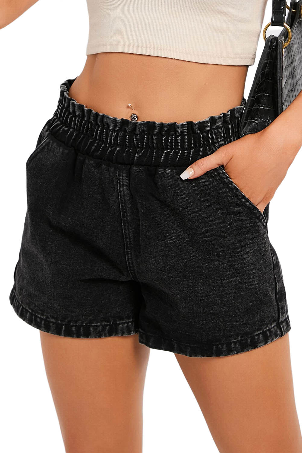 Black Retro Bleach-washed Ruffled Elastic High Waist Denim Shorts