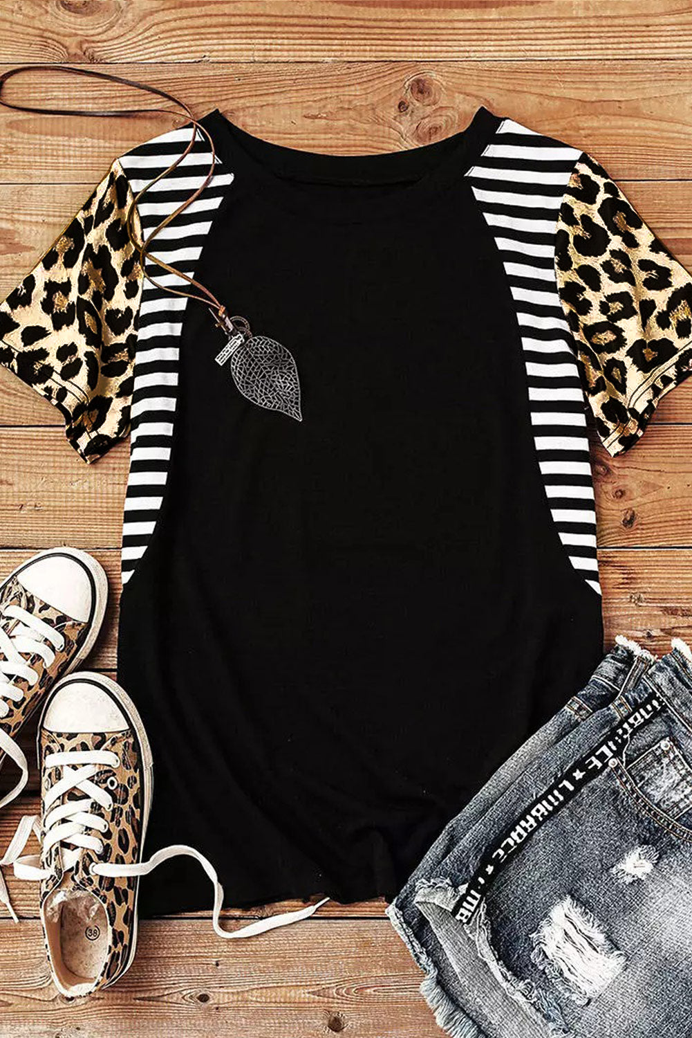 Leopard Striped Patchwork Short Sleeve Top