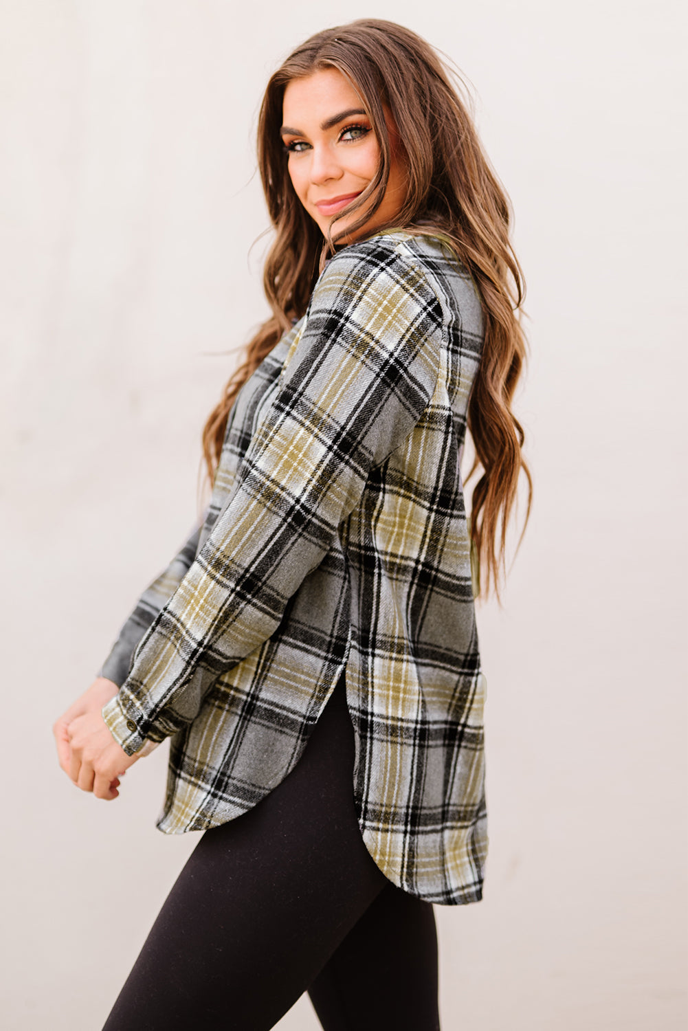 Black Oversize Rounded Hem Plaid Shacket with Slits