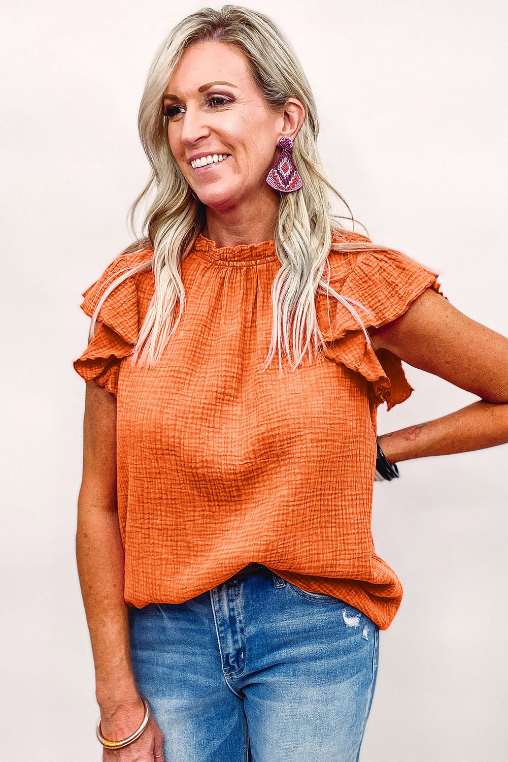Rose Flutter Sleeve Frilled Neck Textured Blouse