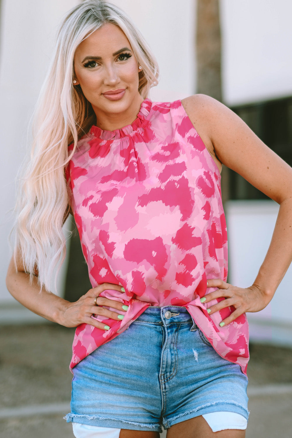 Pink Leopard Frilled Collar Printed Tank Top