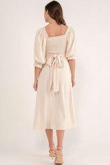 Beige Puff Sleeve Cross Tie Cut Out Maxi Dress