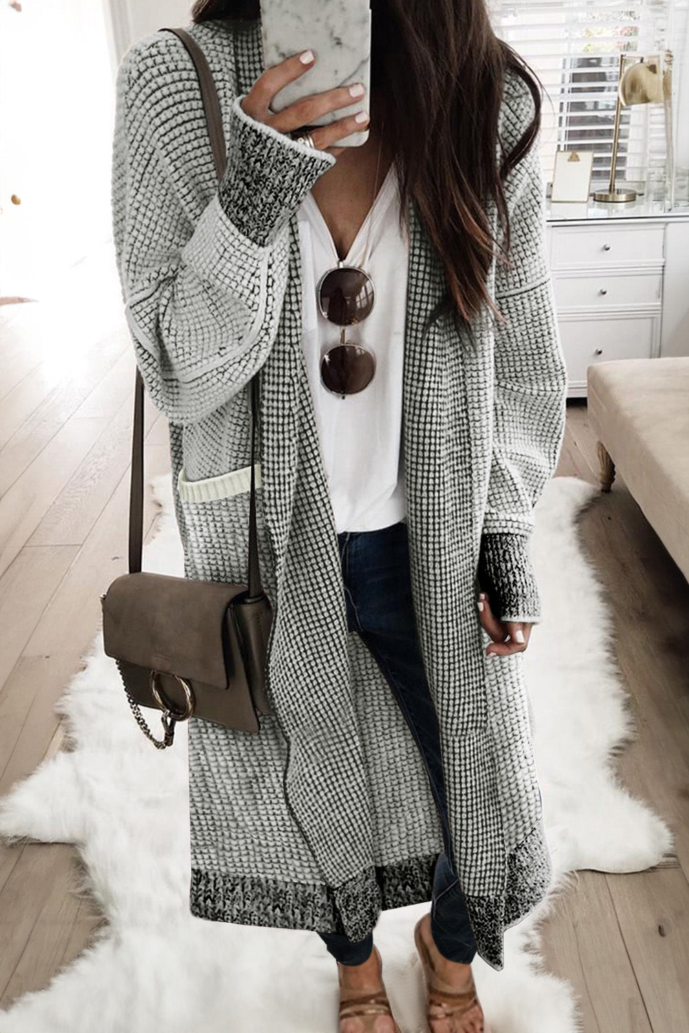 Grey Plaid Contrast Trim Open Front Cardigan