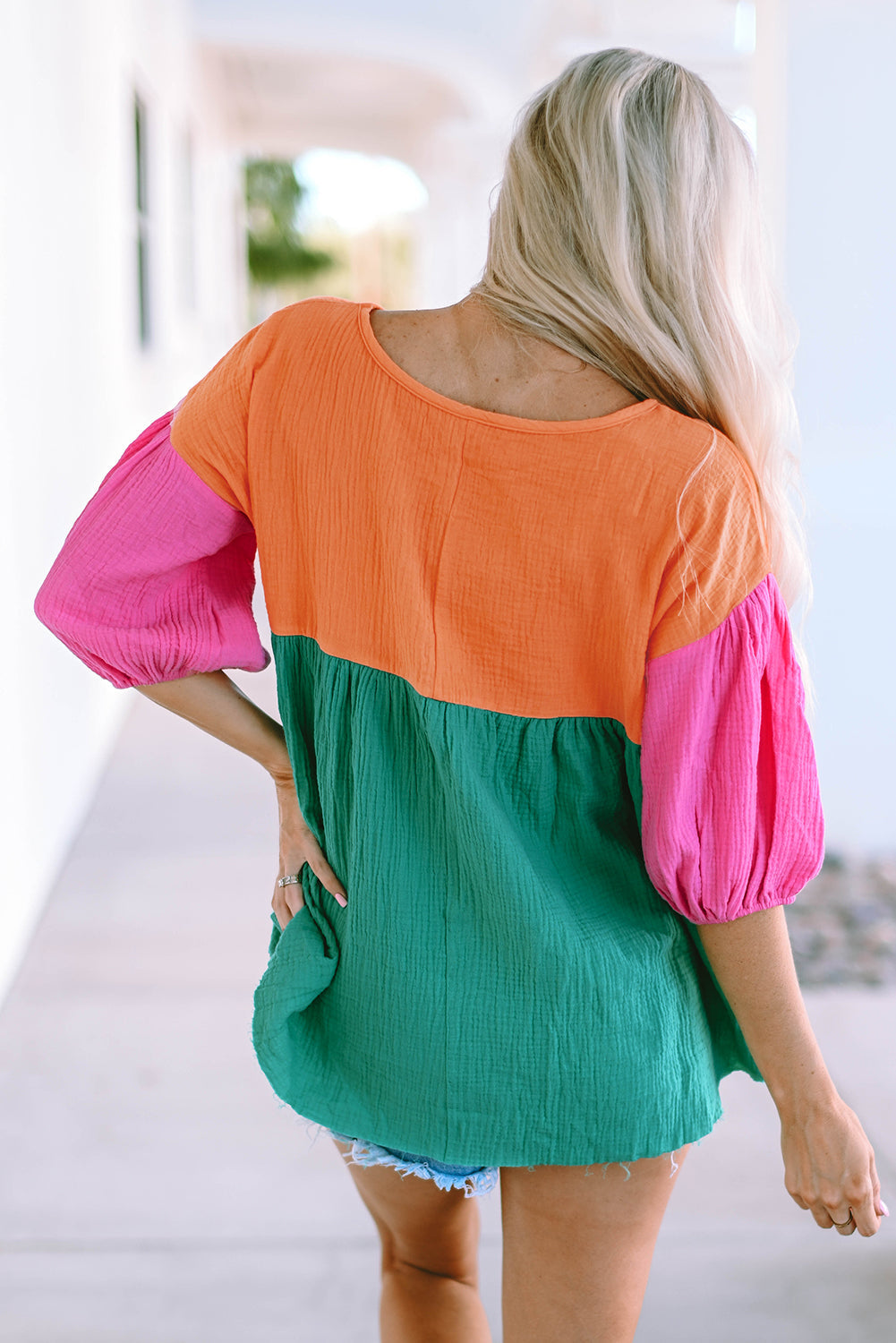 Multicolor Color Block Tiered Puff Sleeve Dress