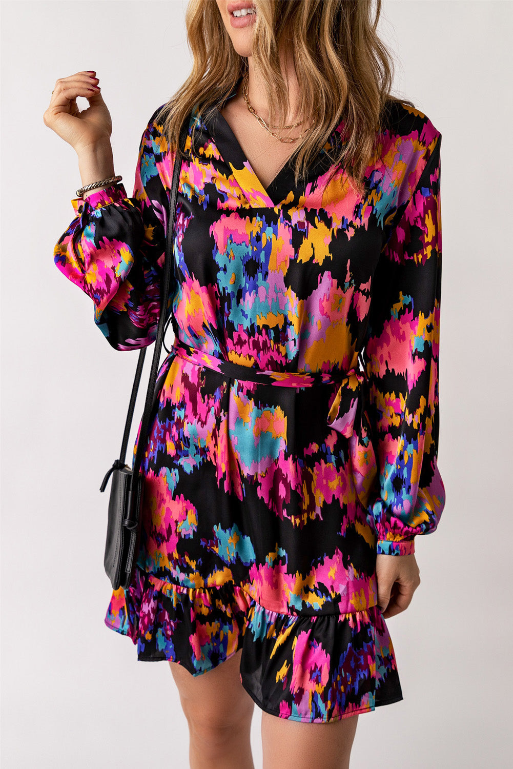 Green Abstract Print Ruffled Drawstring High Waist Mini Dress