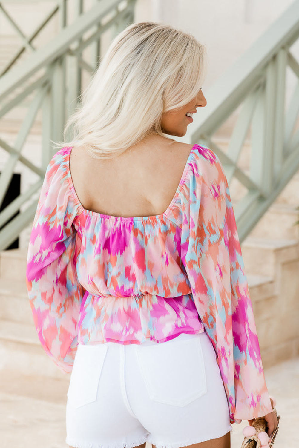 Pink Watercolor Printed Tie Straps V Neck Peplum Tank Top