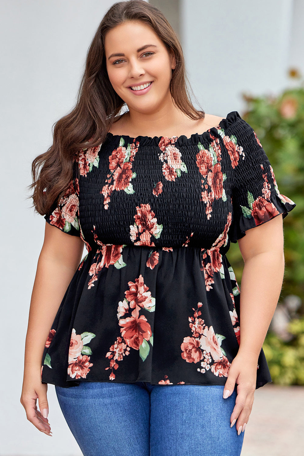 Black Floral Smocked Off Shoulder Plus Size Blouse