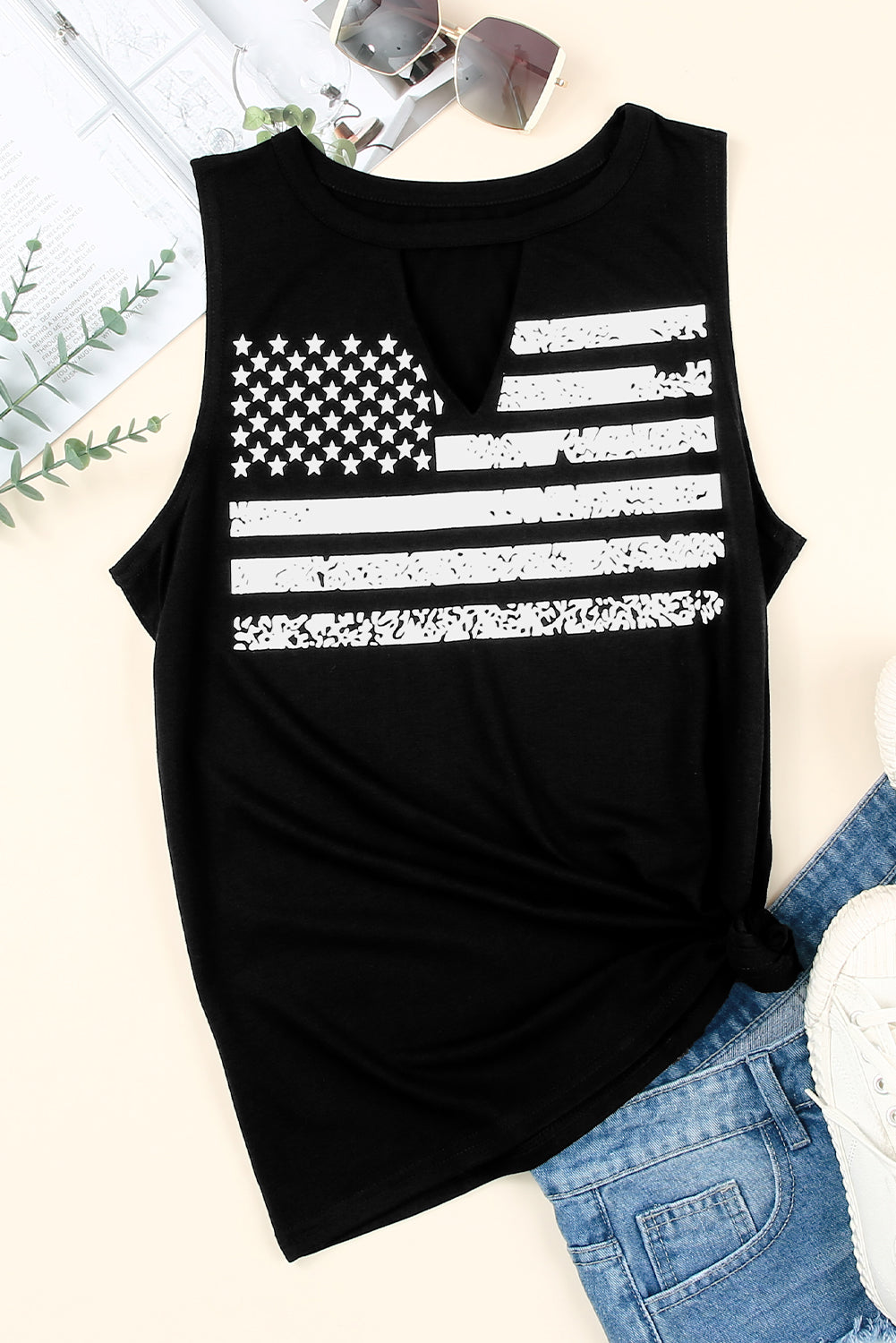 Green Cutout American Flag Print Tank Top