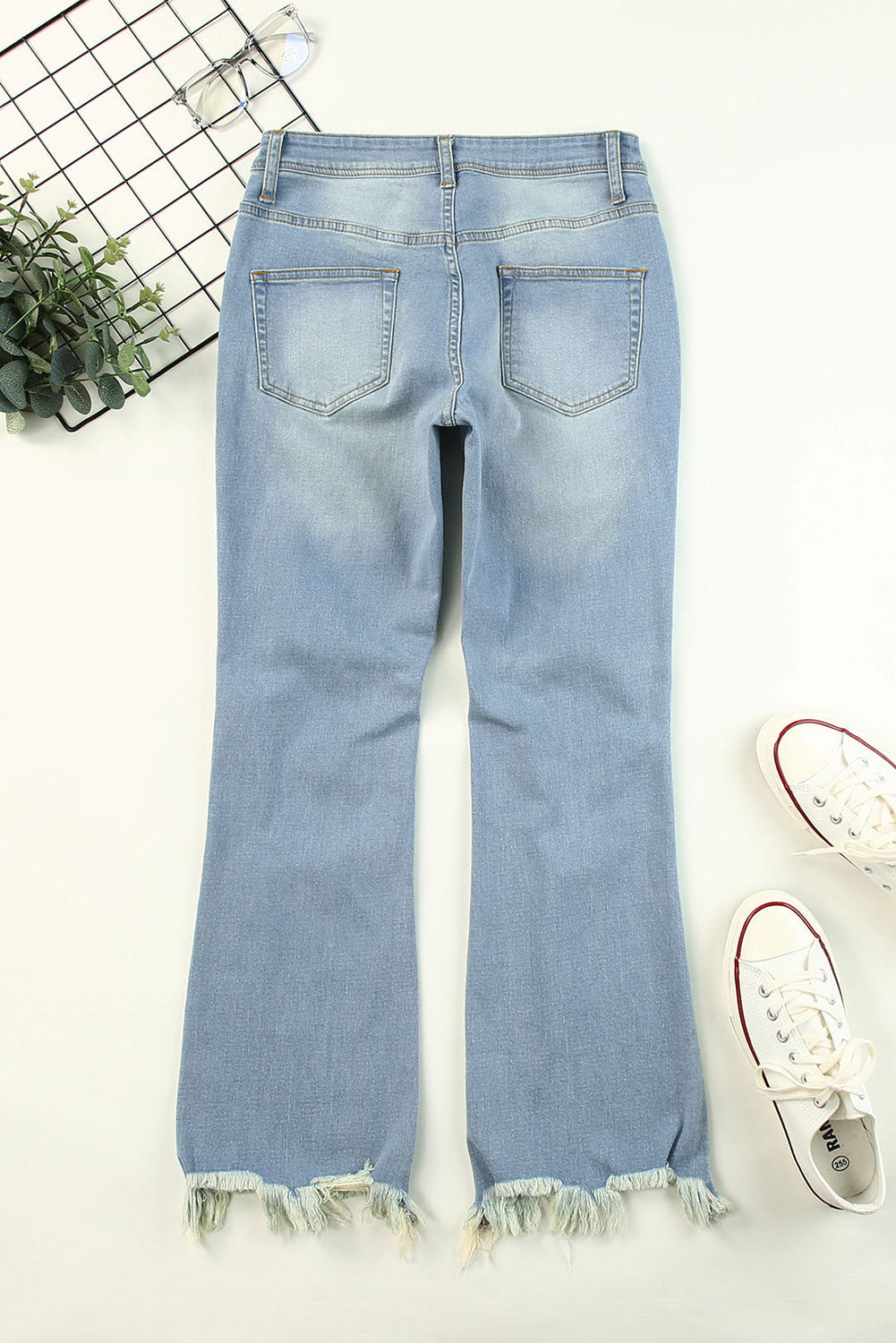 Sky Blue Distressed Knee Holes Straight Leg Jeans