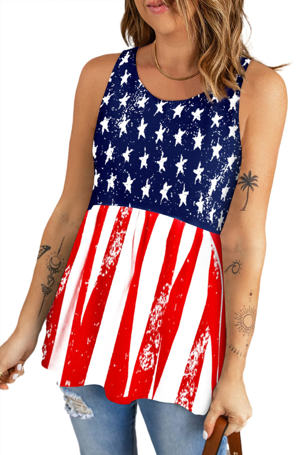 Blue Stars Stripes Flag Print Longline Tank Top