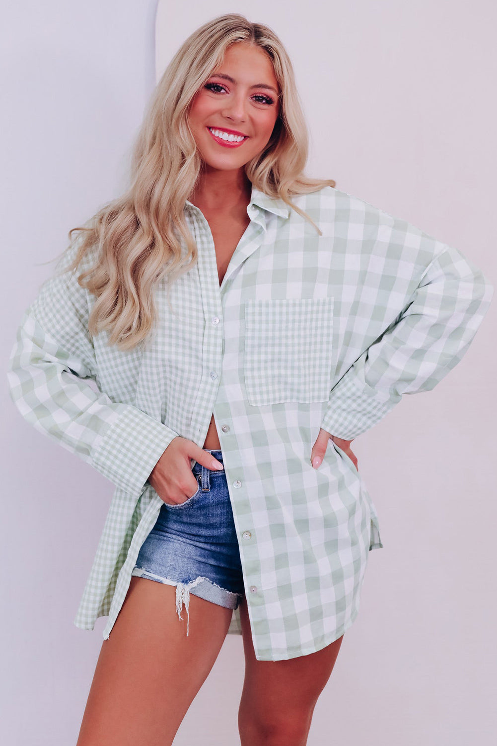 Pink Mix Checked Patchwork Long Sleeve Shirt