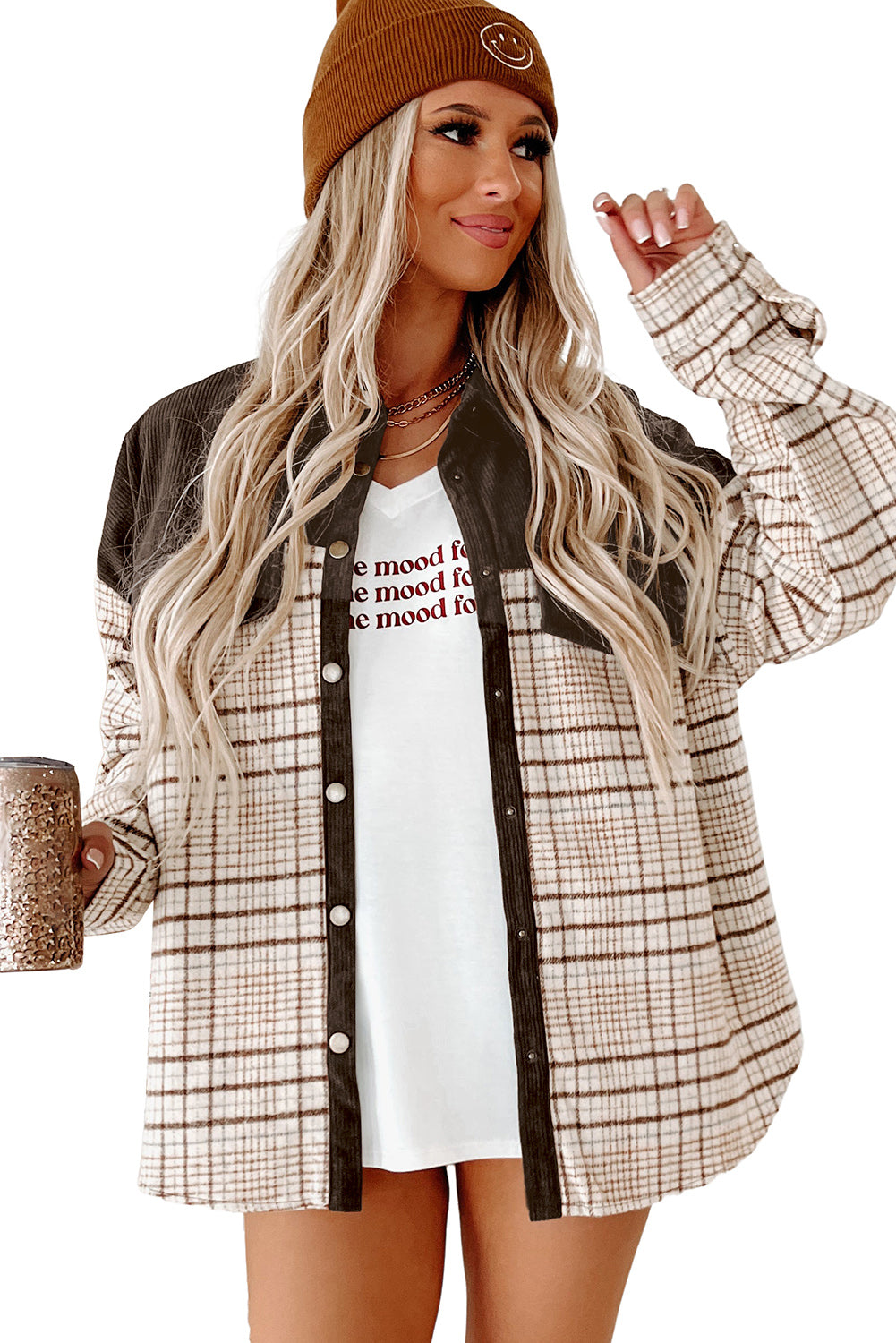 Brown Plaid Patchwork Button-up Shift Shirt Jacket