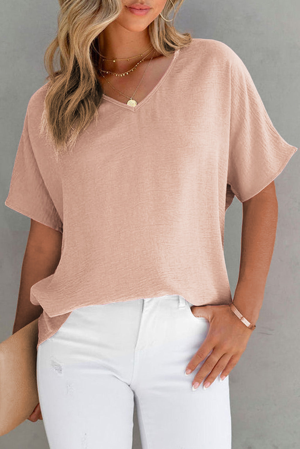 Rose Solid V Neck Short Sleeve Blouse