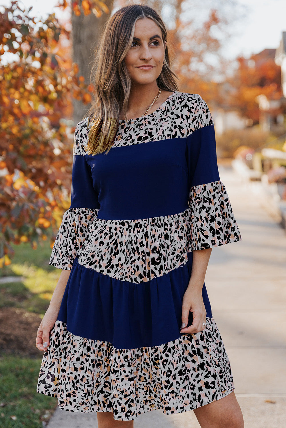 Leopard Splicing High Waist Long Sleeve Dress