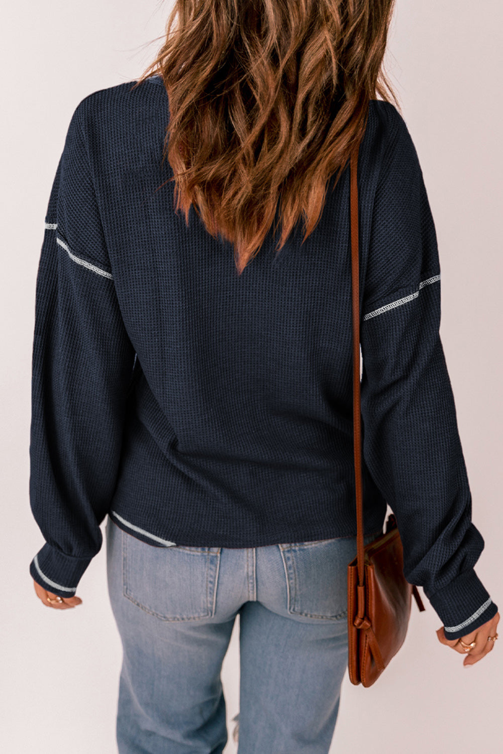 Contrast Stitching Trim Waffle Knit Pullover