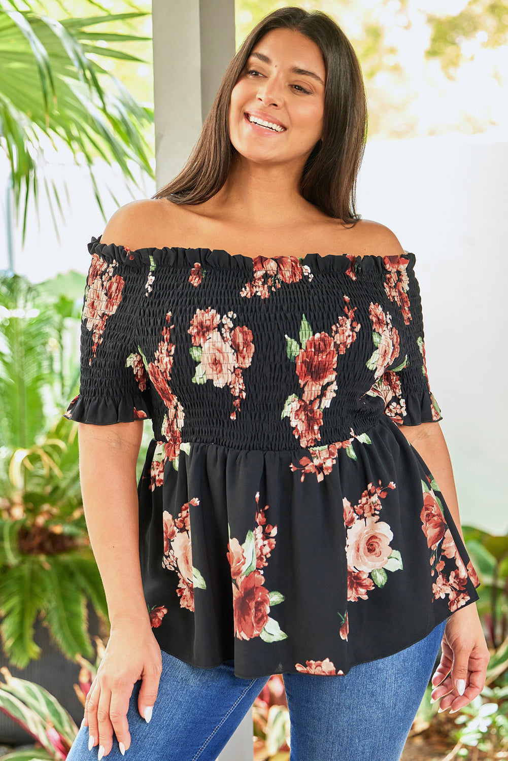 Black Floral Smocked Off Shoulder Plus Size Blouse