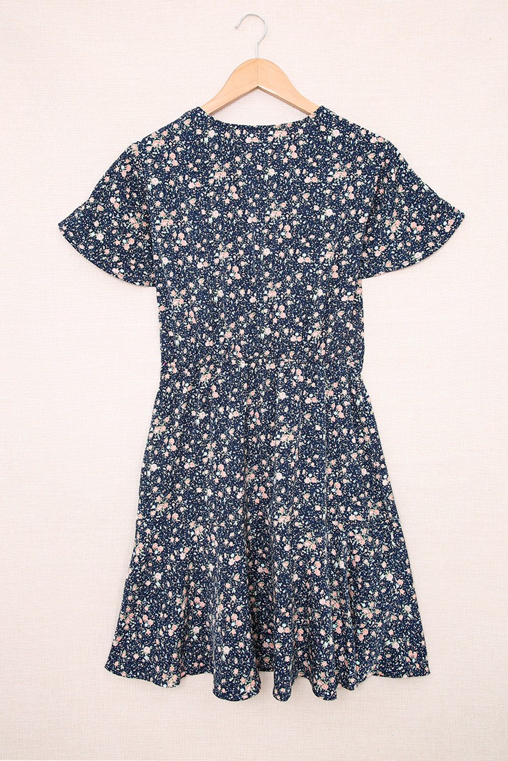 Blue Floral Print Tie Knot Ruffled Short Sleeve Mini Dress