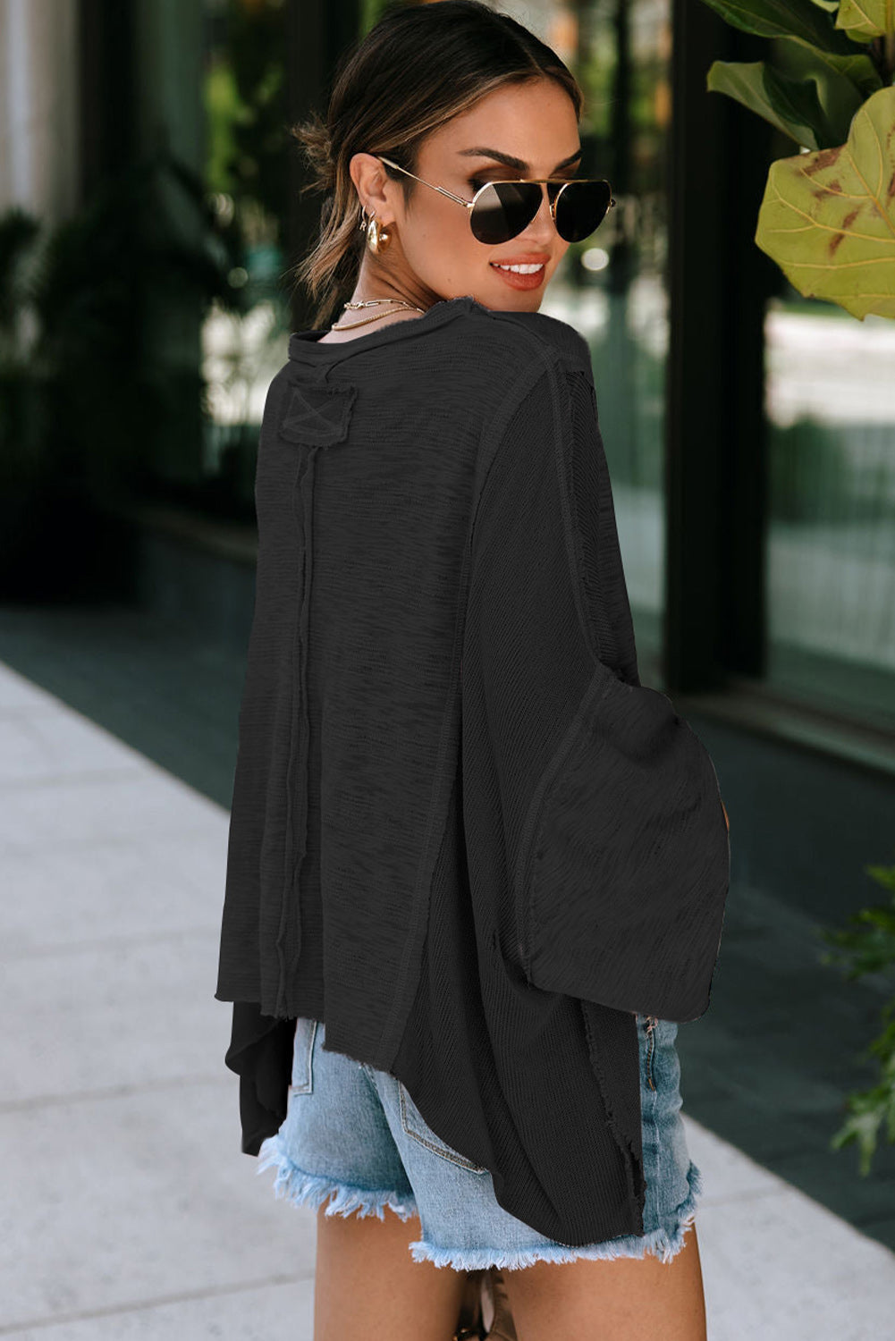 Green Exposed Seam Chest Pocket Loose Sleeve Oversized Top