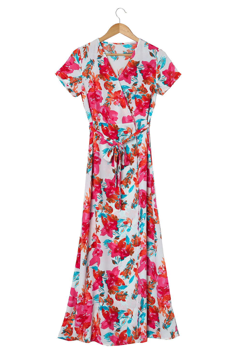 Rose Wrap V Neck Short Sleeve Floral Maxi Dress